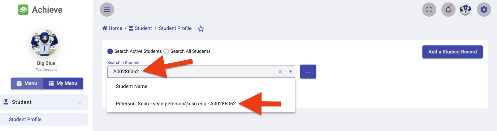 location of the search bar in the student tab