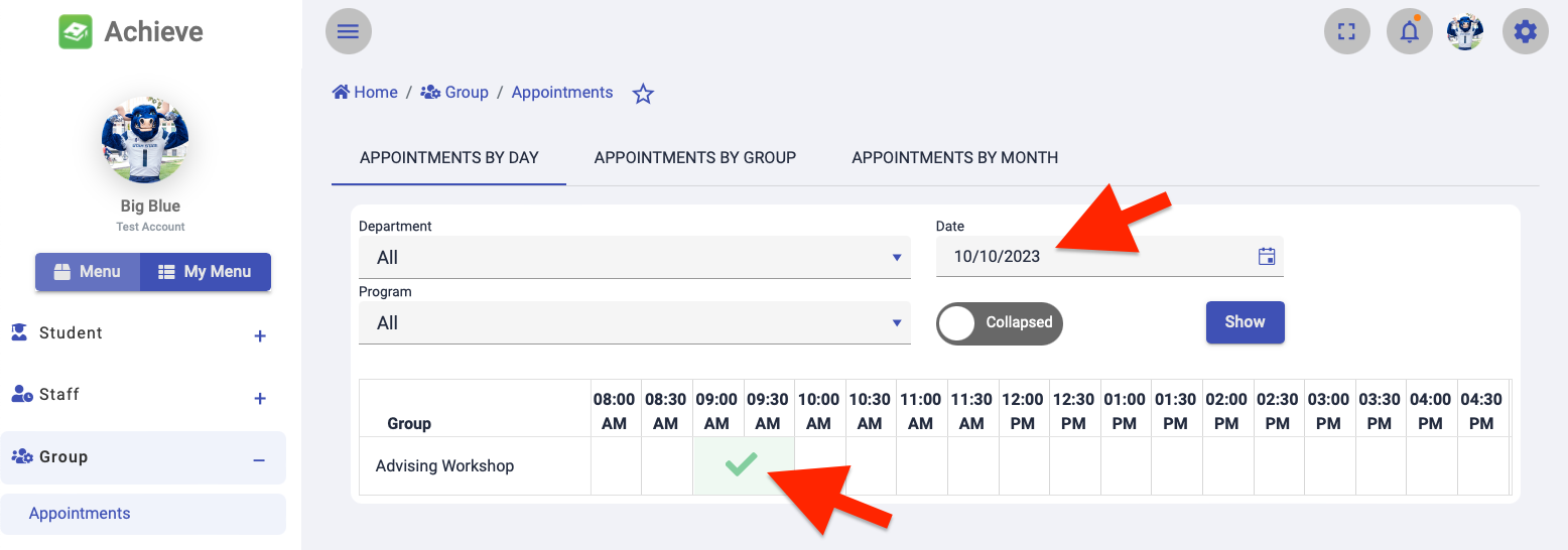 selecting a group appointment slot from Appointments by Day tab