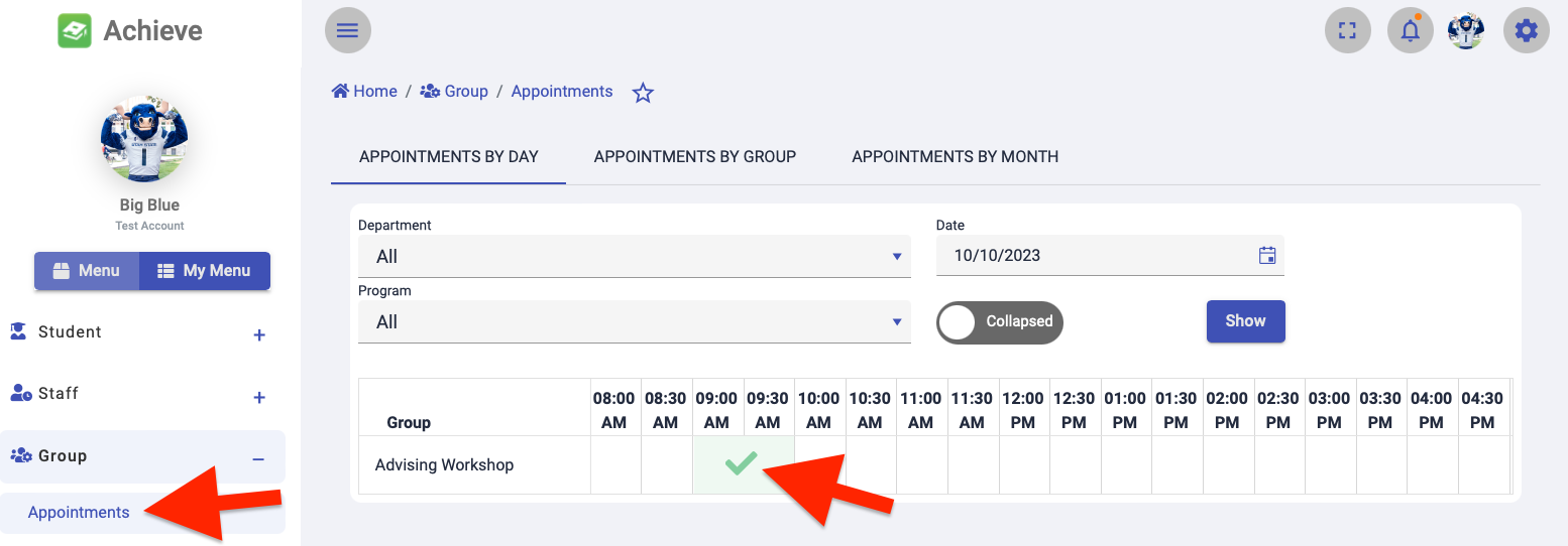 the group appointments page with an arrow pointing to a group appointment