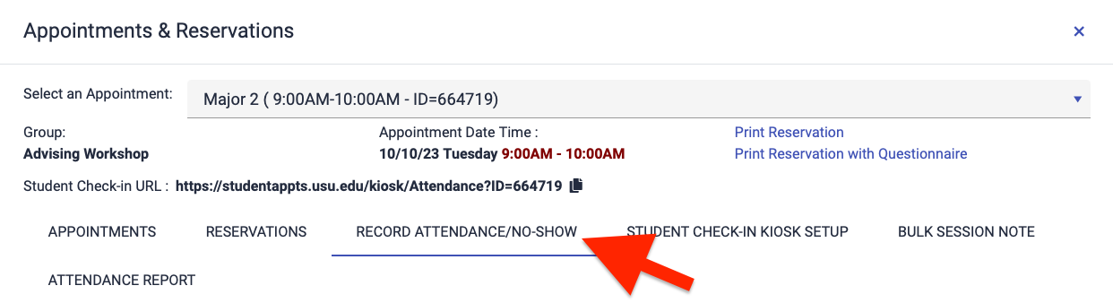 Record Attendance/No-show tab