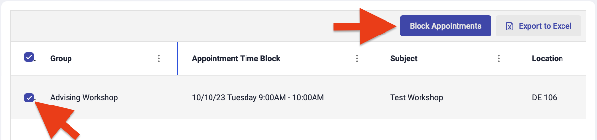 checkboxes next to appointment slots and Block Appointments button