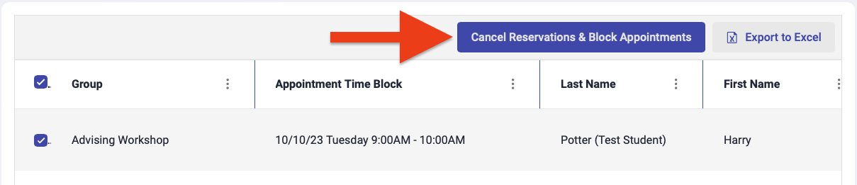 checkboxes next to each appointment along with the Cancel & Block appointment button