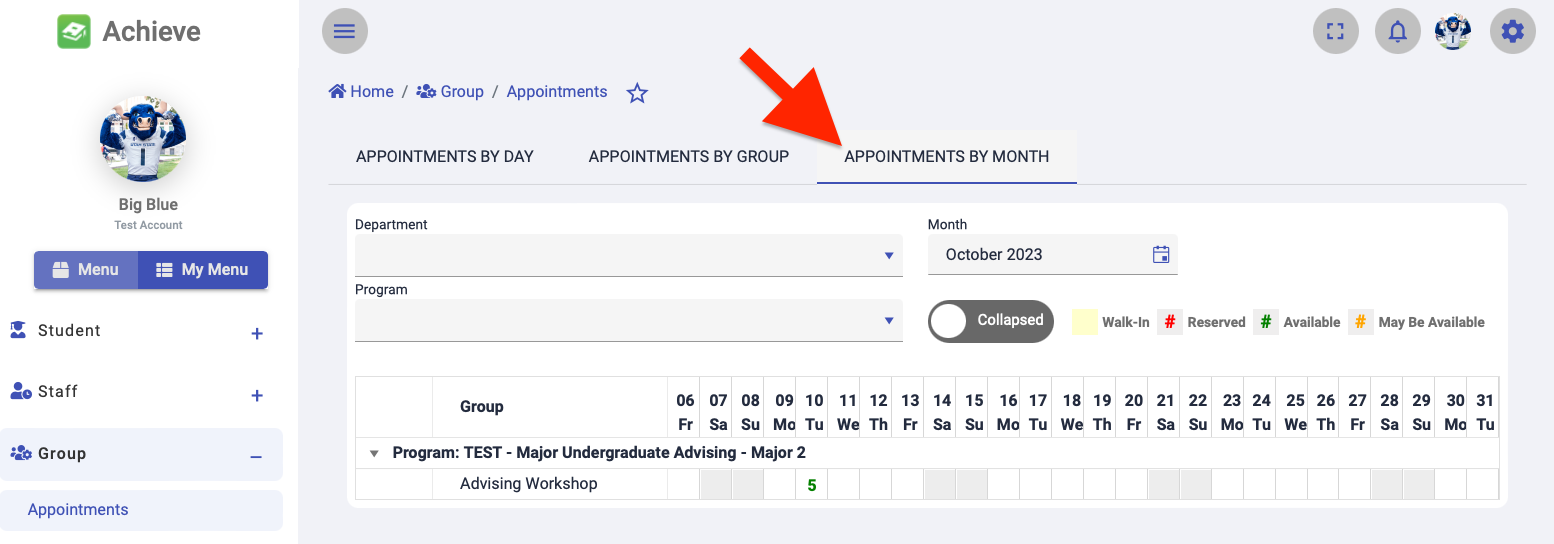 Location of the Appointments by Month tab