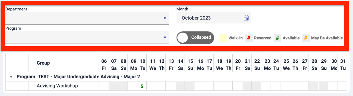 An example of the Appointments by Month screen highlighting the available filters