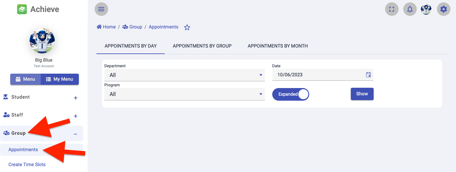 Location of the Group tab and Appointments page