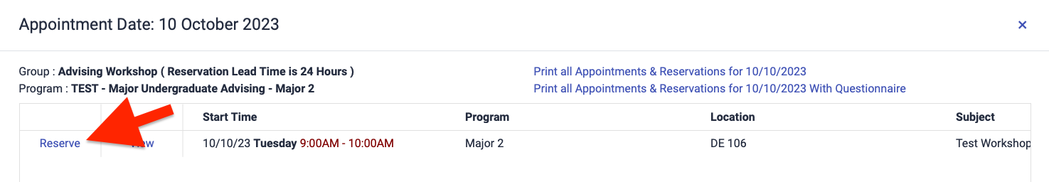Example of selecting an appointment time from the Appointments by Month page.