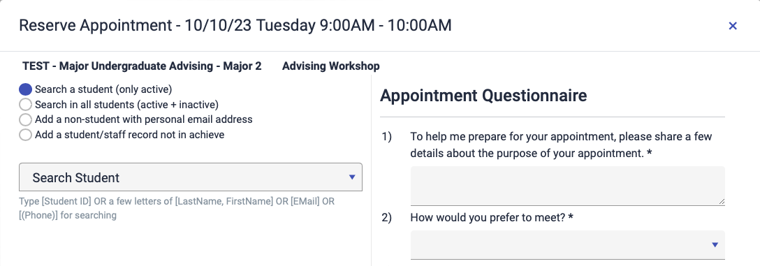 the student details section to be filled out when making an appointment for a student