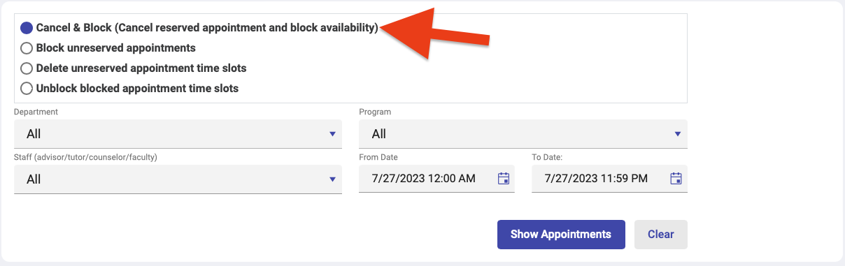 cancel & block appointment option selected at top of page