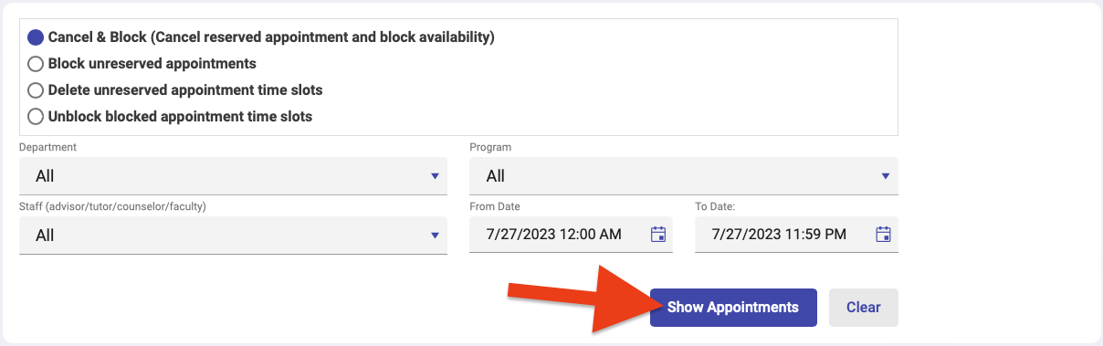 Filter options for cancel & block page along with the Show Appointments button