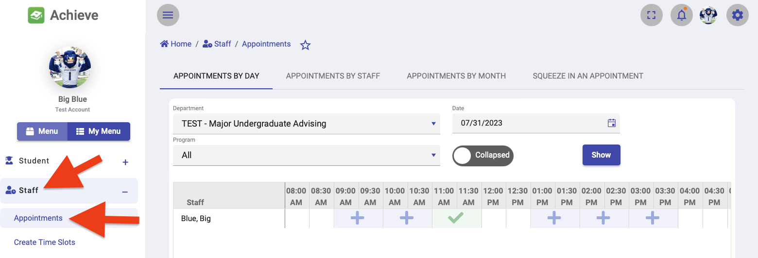Appointments by Day page in Achieve