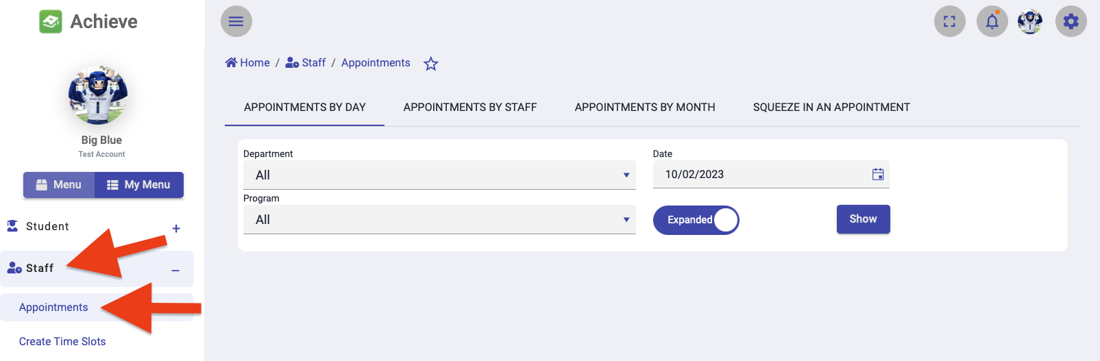 Location of the Staff tab and Appointments page in Achieve