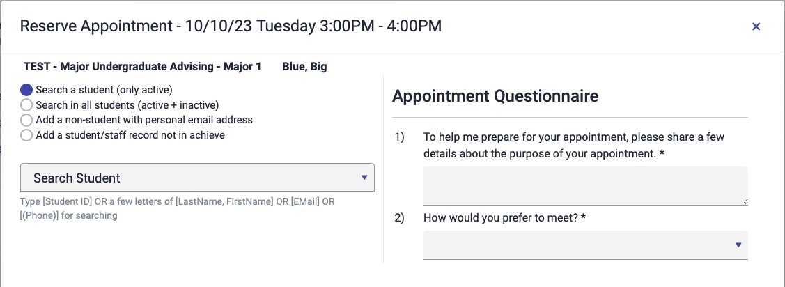 the student details section to be filled out when making an appointment for a student