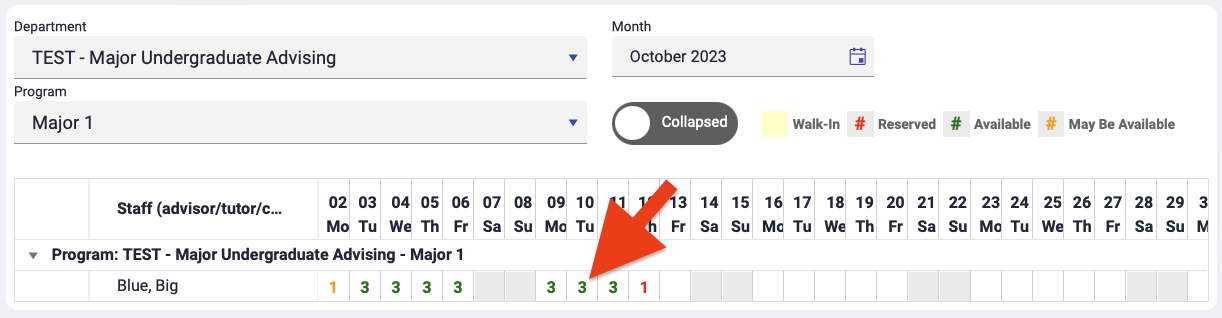 Example of selecting a date to book an appointment from the Appointments by Month page.