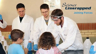 Students demonstrating science to kids. Text reads: Science Unwrapped, Joining Forces.