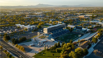 An aerial view of USU's football stadium.